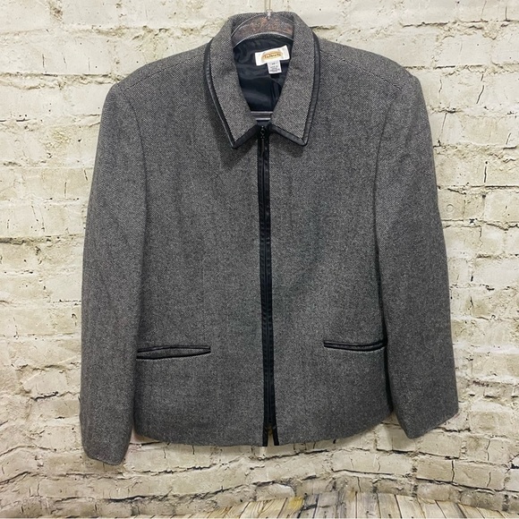 Talbots Black White Herringbone Wool Zip Up Blazer Jacket - Picture 1 of 6